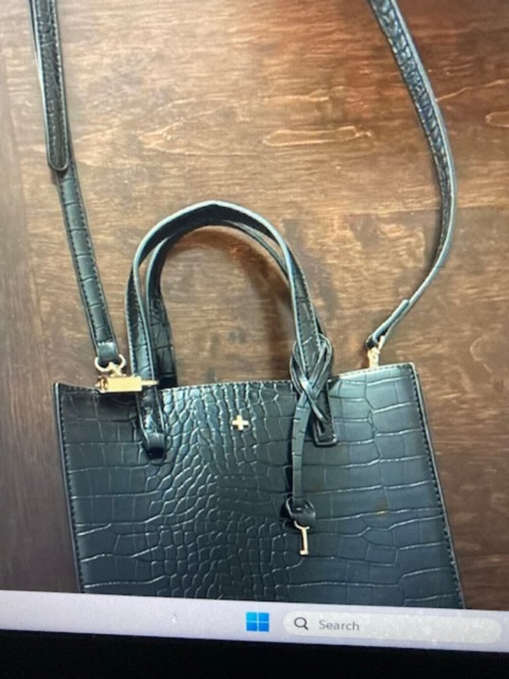 Black crocodile textured leather tote bag with gold hardware #tote #crocodile